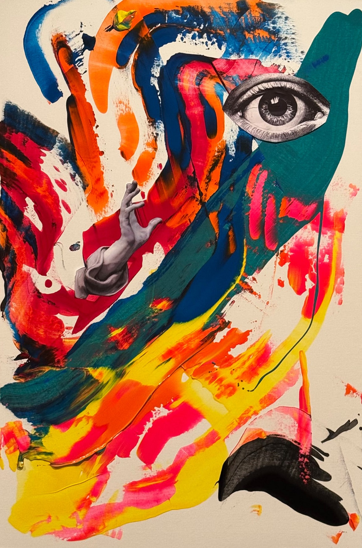 The Witness by STORMZIIIS — abstract acrylic painting with a collaged engraved eye and classical hand